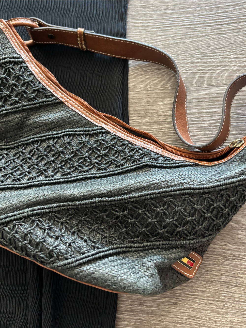 BOGO***Handwoven Blue Shoulder Bag with Brown Trim (vintage?)